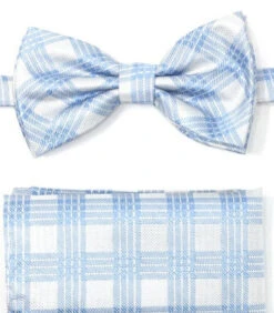 Light Blue & White Plaid Pre-Tied Silk Bow Tie Set
