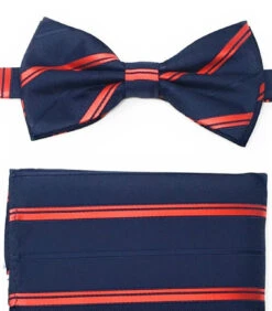 Red Stripe On Navy Pre-Tied Silk Bow Tie Set