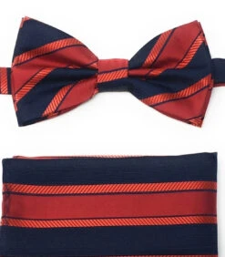 Red And Navy Regiment Stripes Pre-Tied Silk Bow Tie Set