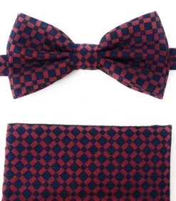 Red Windowpane On Navy Pre-Tied Silk Bow Tie Set