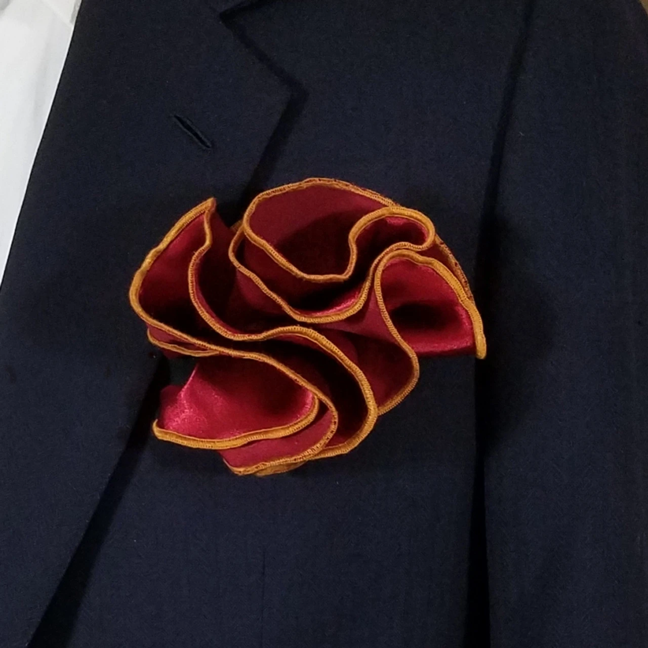 Antonio Ricci 2-in-1 Pouf Round Pocket Square - Gold Trim On Garnet Red 3 Antonio Ricci 2-in-1 Pouf Round Pocket Square - Gold Trim On Garnet Red