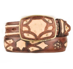 King Exotic Genuine Ostrich Quill Cut-Out Design Western Belt - Faded Oryx