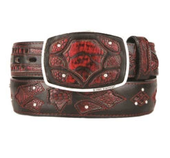 King Exotic Genuine Ostrich Leg Cut-Out Design Western Belt - Black Cherry