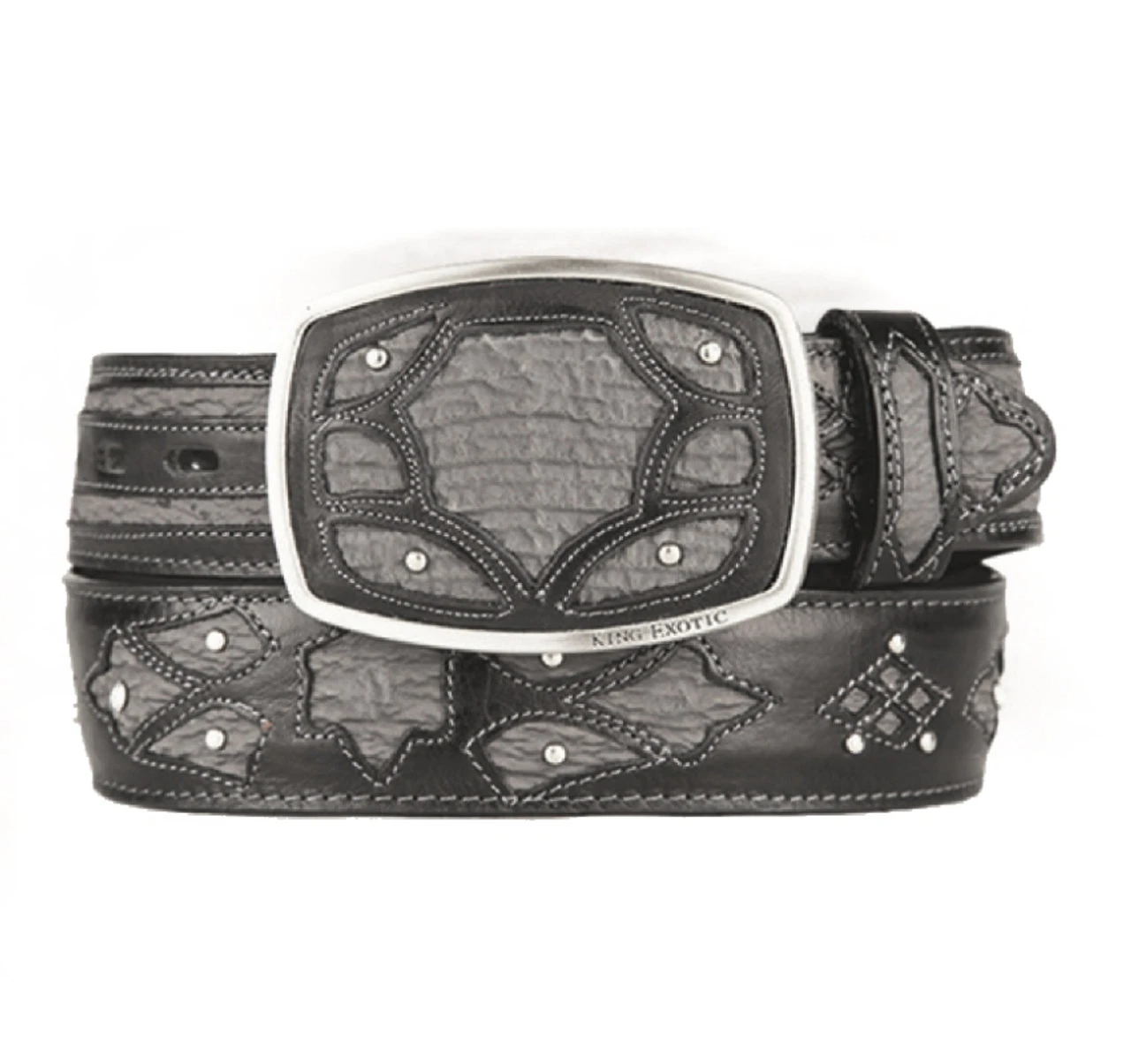 King Exotic Genuine Shark Cut-Out Design Western Belt - Faded Grey