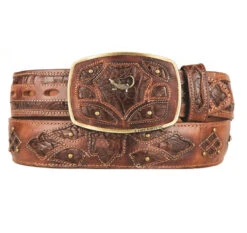 King Exotic Genuine Caiman Cut-Out Design Western Belt - Faded Brown