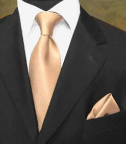 100% Woven Silk Necktie With Pocket Square - Peach