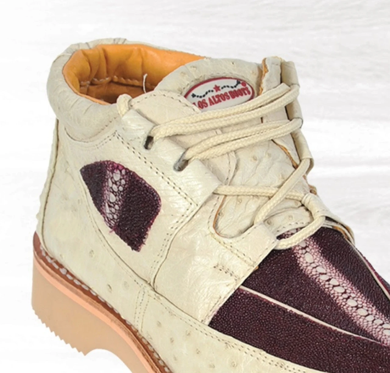 Los Altos Bone & Burgundy Genuine Ostrich Quill & Stingray Casual Ankle Boot 4 Los Altos Bone & Burgundy Genuine Ostrich Quill & Stingray Casual Ankle Boot - Image 2