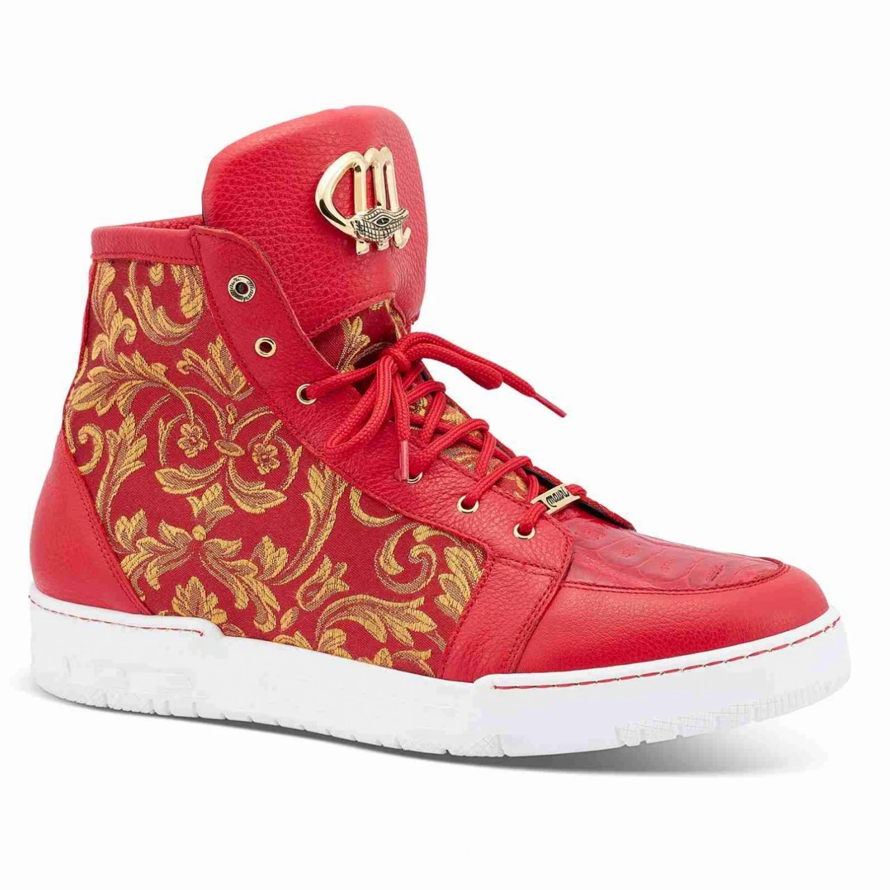 Mauri Genuine Red & Gold Crocodile & Fabric High Top Sneakers 3 Mauri Genuine Red & Gold Crocodile & Fabric High Top Sneakers