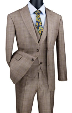 Vinci 2-Button Tan Glenplaid Suit With DB-Vest - Modern Fit