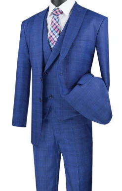 Vinci 2-Button Blue Glenplaid Suit With DB-Vest - Modern Fit