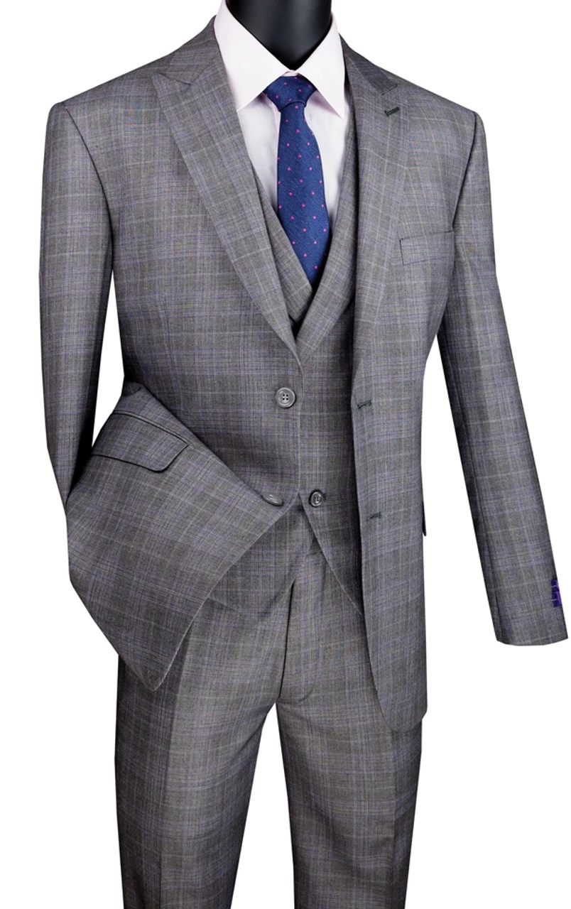 Vinci 2-Button Grey Glenplaid Suit With DB-Vest - Modern Fit 3 Vinci 2-Button Grey Glenplaid Suit With DB-Vest - Modern Fit