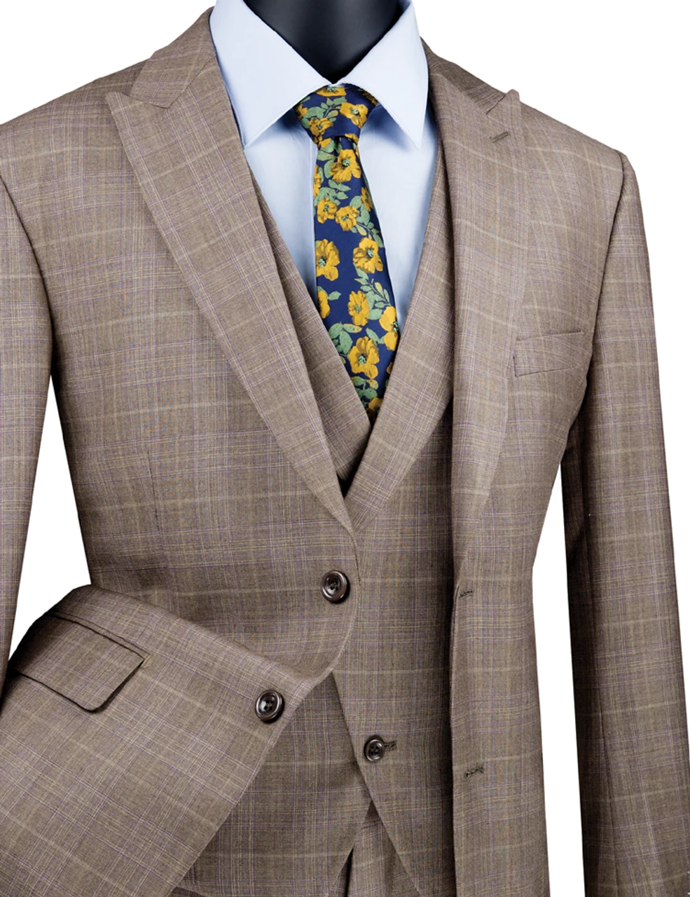 Vinci 2-Button Tan Glenplaid Suit With DB-Vest - Modern Fit 4 Vinci 2-Button Tan Glenplaid Suit With DB-Vest - Modern Fit - Image 2