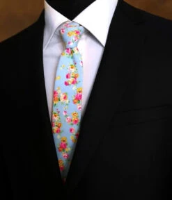 Parquet 100% Cotton Blue Small Roses Skinny Tie