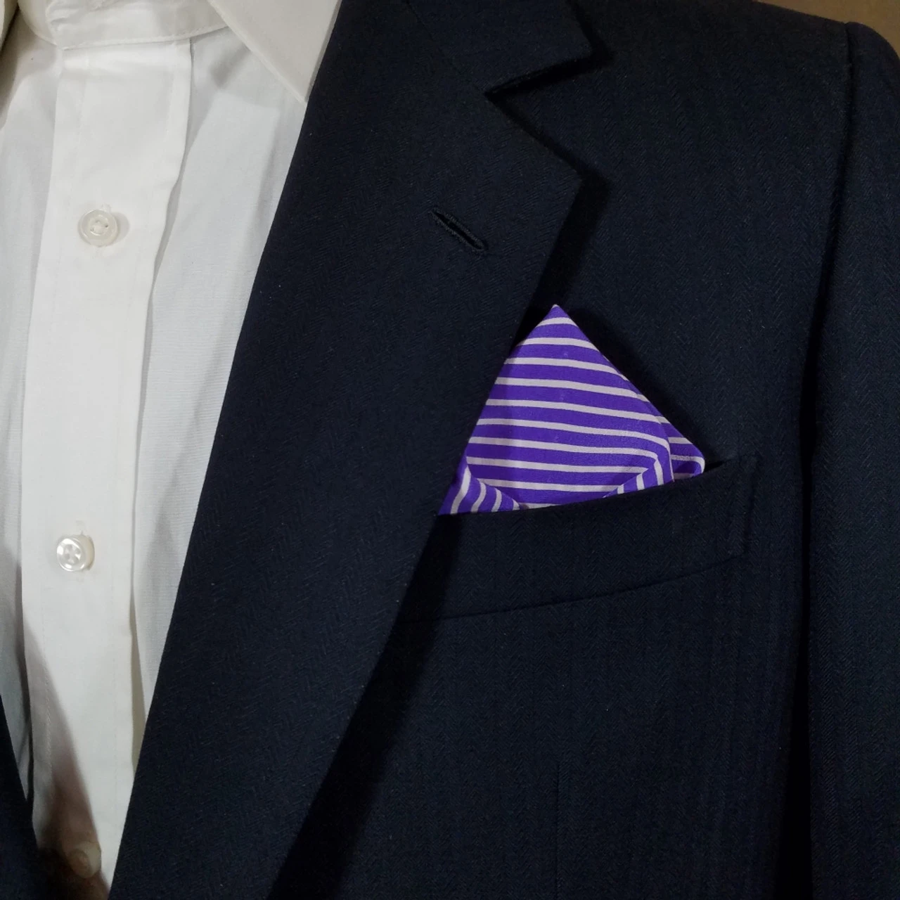 Purple And White Stripe 100% Silk Pre-Folded Point Pocket Square Insert 4 Purple And White Stripe 100% Silk Pre-Folded Point Pocket Square Insert - Image 2