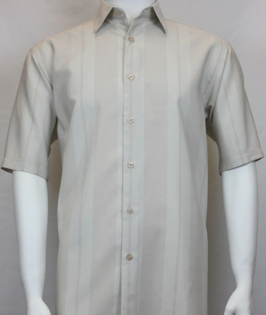 Sangi Modal Blend Short Sleeve Camp Shirt - Tan Tonal Wide Stripe 2 Sangi Modal Blend Short Sleeve Camp Shirt - Tan Tonal Wide Stripe