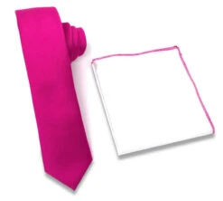 Antonia 100% Silk Tie W/Matching Trimmed Pocket Square - Fuschia Pink