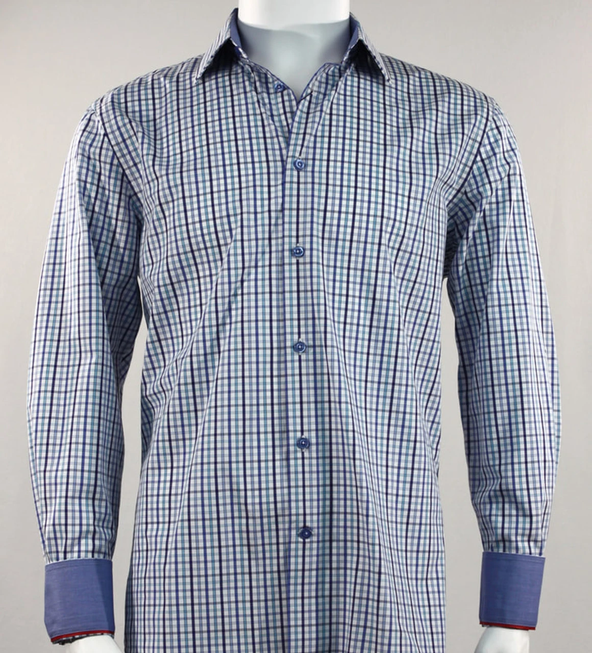 St. Cado Blue Check Contrasting Cuff Fashion Sport Shirt - Button Cuff 3 St. Cado Blue Check Contrasting Cuff Fashion Sport Shirt - Button Cuff