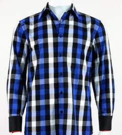 St. Cado Black, White & Blue Check Contrasting Cuff Fashion Sport Shirt - Button Cuff