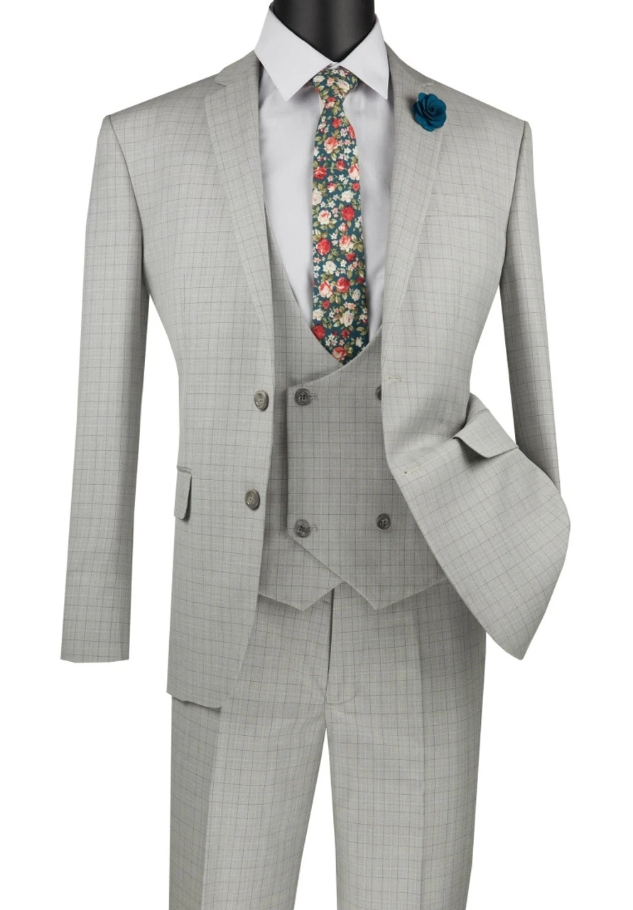 Vinci 2-Button Light Grey Windowpane Suit With Low-Cut Vest - Slim Fit 3 Vinci 2-Button Light Grey Windowpane Suit With Low-Cut Vest - Slim Fit