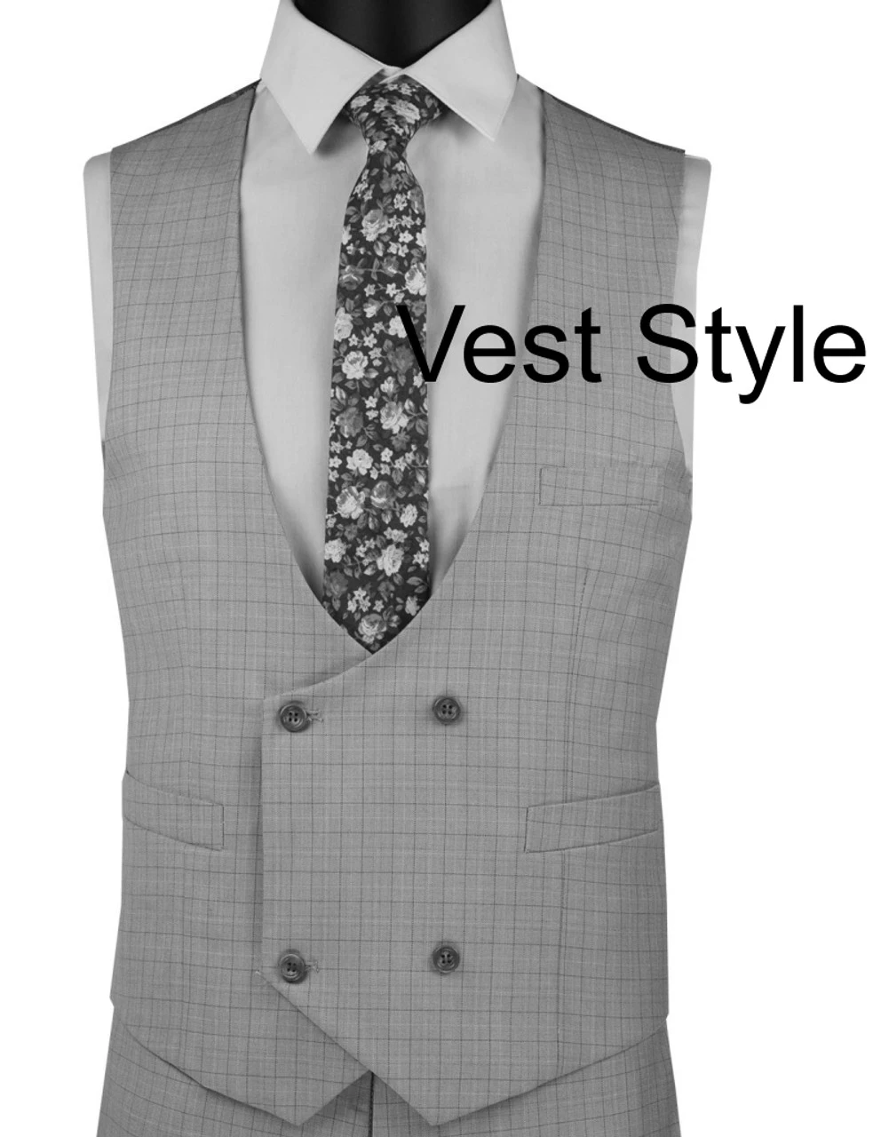 Vinci 2-Button Light Grey Windowpane Suit With Low-Cut Vest - Slim Fit 4 Vinci 2-Button Light Grey Windowpane Suit With Low-Cut Vest - Slim Fit - Image 2