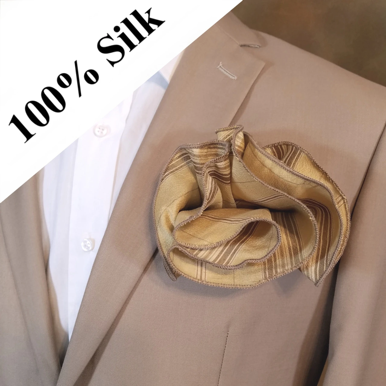 Antonio Ricci 2-in-1 Gold & Tan 100% Dupioni Silk Pouf Round Pocket Square 3 Antonio Ricci 2-in-1 Gold & Tan 100% Dupioni Silk Pouf Round Pocket Square