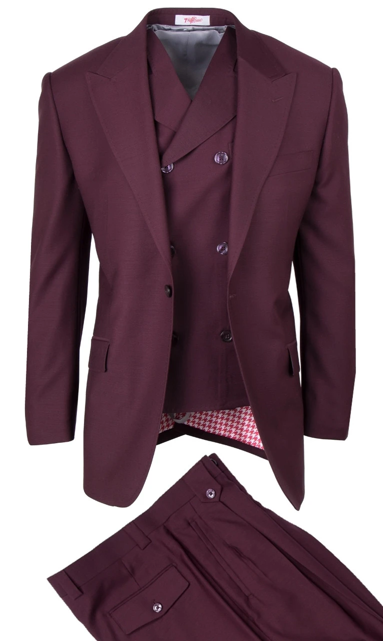 Tiglio Wide Leg Vested Italian Wool Suit - Burgundy 3 Tiglio Wide Leg Vested Italian Wool Suit - Burgundy