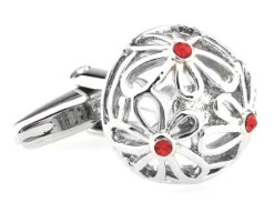 Domed Flowers With Small Red Crystals Cufflinks (V-CF-C61599R)
