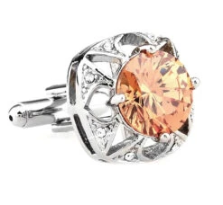 Large Round Peach Crystal Silver Cufflinks (V-CF-C63948O-S)