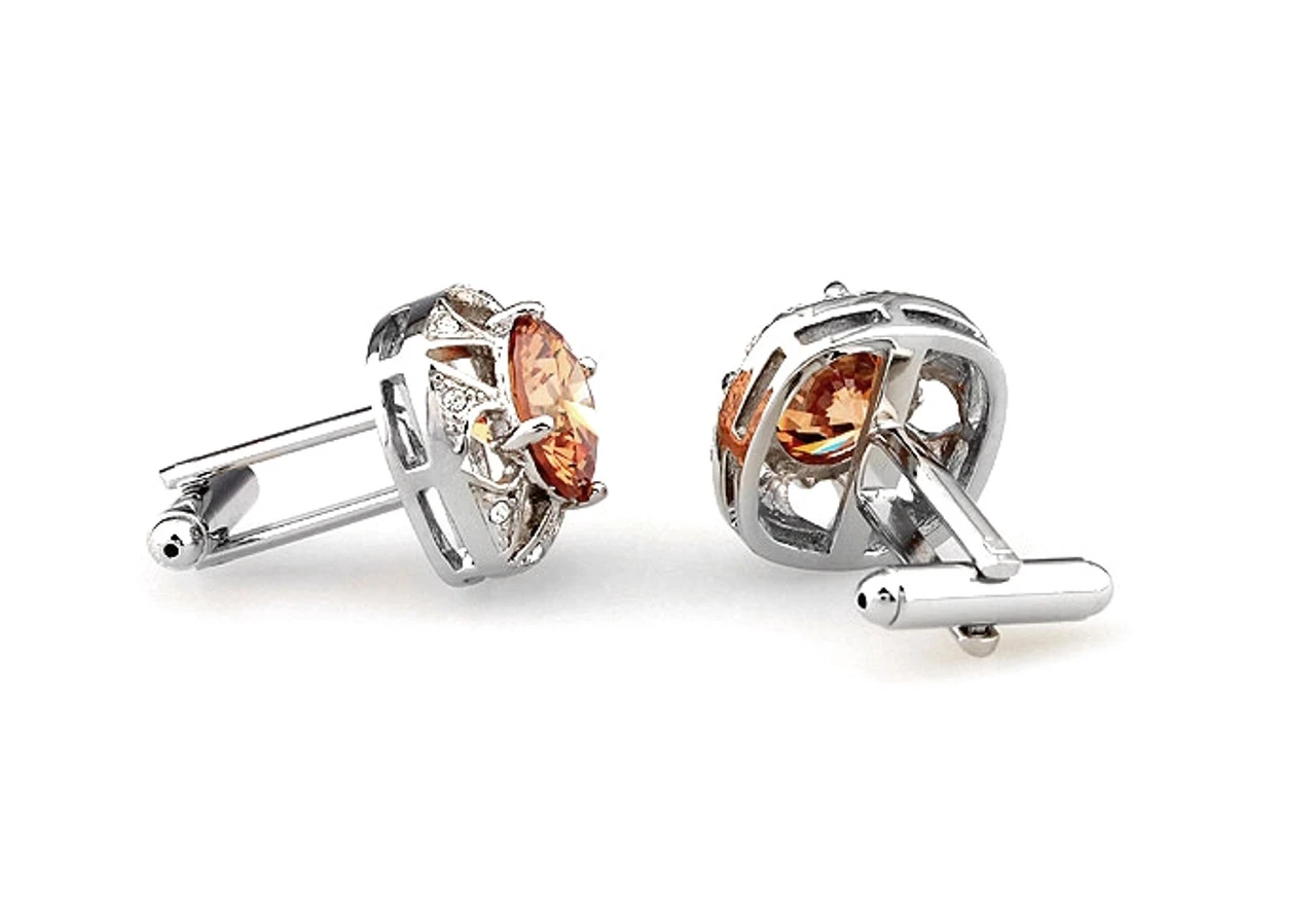 Large Round Peach Crystal Silver Cufflinks (V-CF-C63948O-S) 5 Large Round Peach Crystal Silver Cufflinks (V-CF-C63948O-S) - Image 3