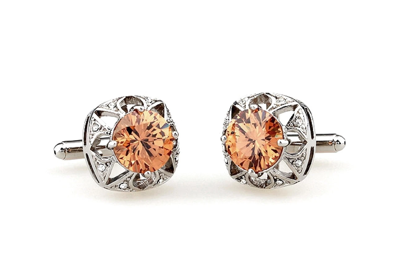Large Round Peach Crystal Silver Cufflinks (V-CF-C63948O-S) 4 Large Round Peach Crystal Silver Cufflinks (V-CF-C63948O-S) - Image 2