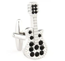 Large Silver Guitar With Black Crystals Cufflinks (V-CF-C64933B-S)
