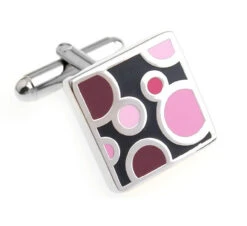 Pink On Black Enamel Dot Design Cufflinks (V-CF-E700184P)