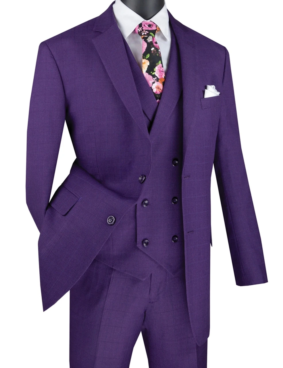 Vinci 2-Button Purple Windowpane With Double-breasted Vest Suit 3 Vinci 2-Button Purple Windowpane With Double-breasted Vest Suit