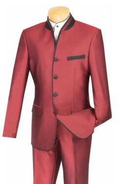 Vinci Burgundy Banded Collar Two-Tone Fashion Suit - Slim Fit