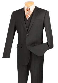 Vinci 2-Button Black Suit With Vest - Slim Fit