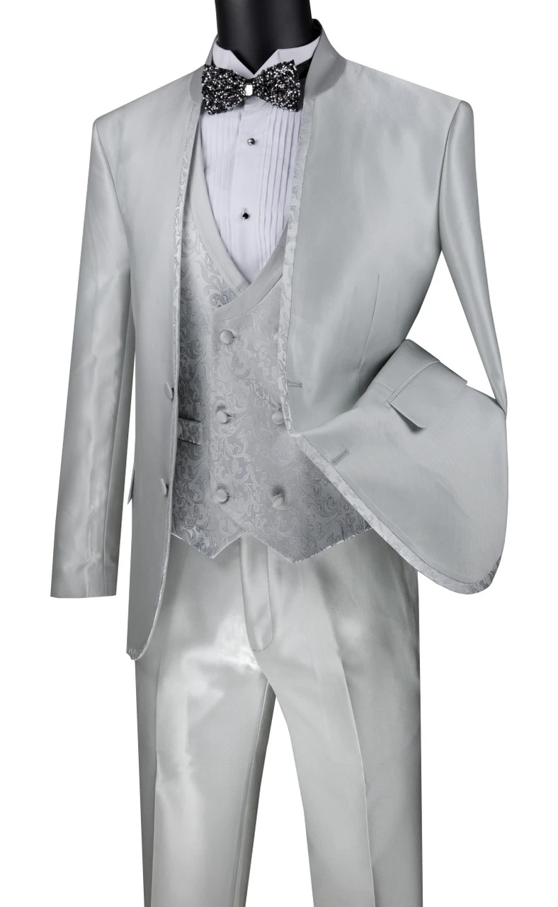 Vinci 3 Piece Collar-less Floral Pattern Vested Fancy Suit - Silver 3 Vinci 3 Piece Collar-less Floral Pattern Vested Fancy Suit - Silver