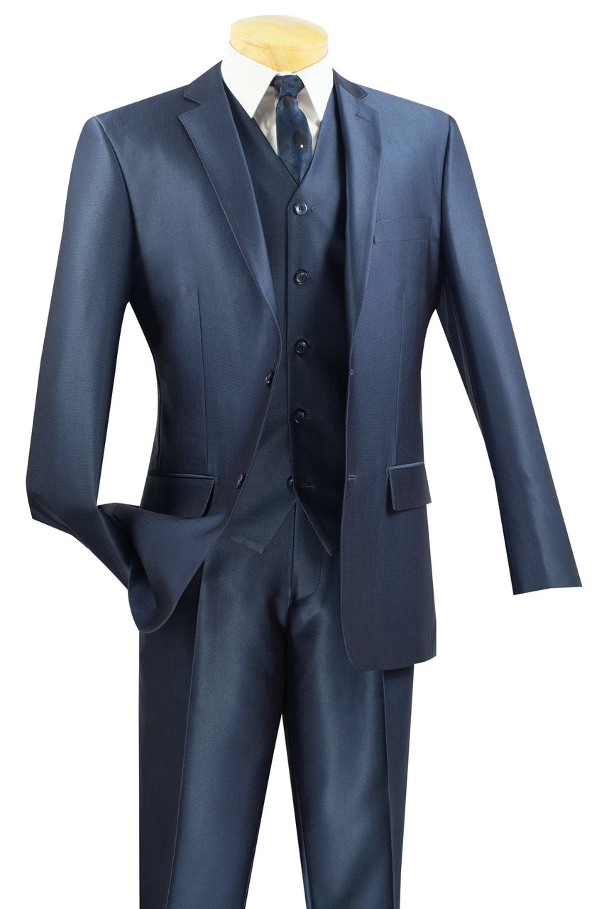 Vinci 2-Button Blue Micro-Dot Sheen Suit With Vest - Slim Fit 3 Vinci 2-Button Blue Micro-Dot Sheen Suit With Vest - Slim Fit