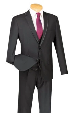 Vinci 2-Button Trimmed Black Suit With Vest - Slim Fit