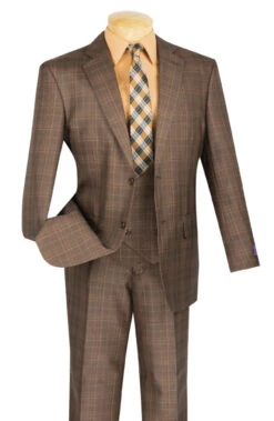 Vinci 2-Button Glenplaid With Low Cut Vest Suit - Chestnut