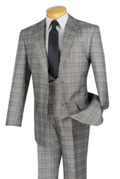 Vinci 2-Button Glenplaid With Low Cut Vest Suit - Grey