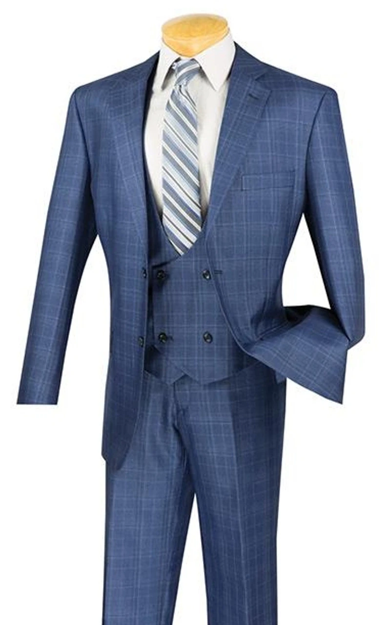 Vinci 2-Button Glenplaid With Low Cut Vest Suit - Blue 3 Vinci 2-Button Glenplaid With Low Cut Vest Suit - Blue