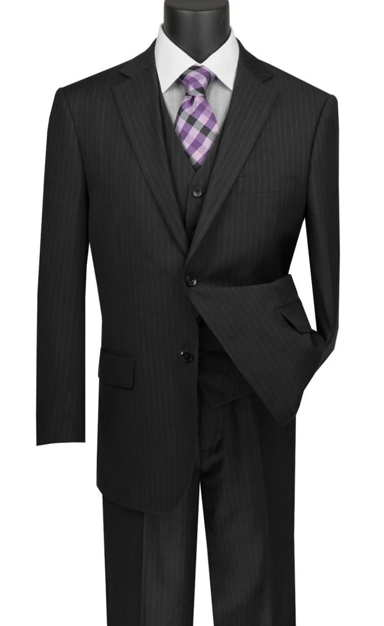 Vinci 2-Button Black Chalk Stripe Suit With Vest - Classic Fit 3 Vinci 2-Button Black Chalk Stripe Suit With Vest - Classic Fit