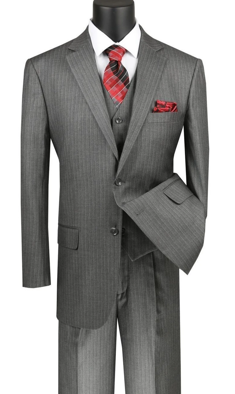 Vinci 2-Button Grey Chalk Stripe Suit With Vest - Classic Fit 3 Vinci 2-Button Grey Chalk Stripe Suit With Vest - Classic Fit