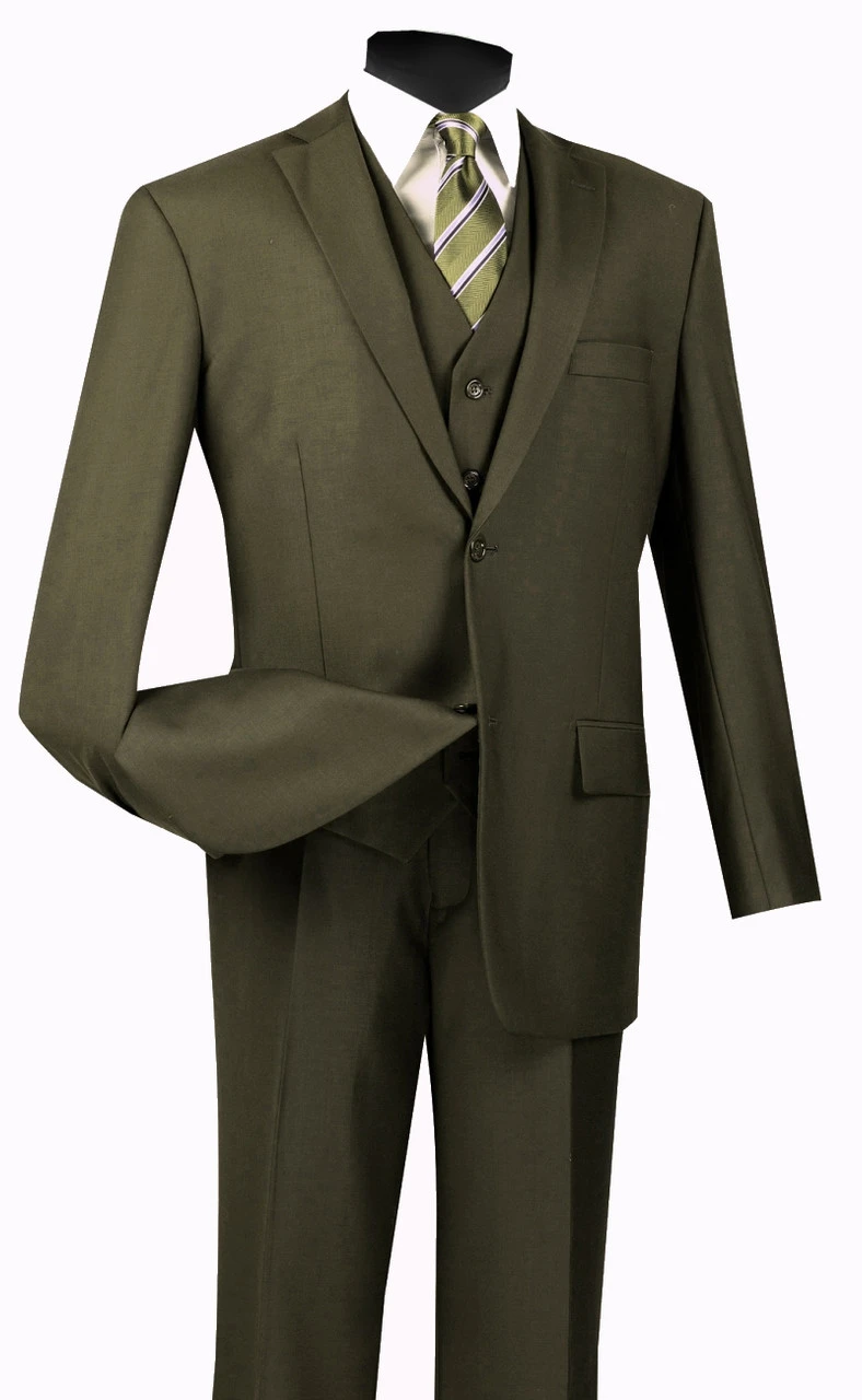 Vinci 2-Button Classic Suit With Vest - Olive 3 Vinci 2-Button Classic Suit With Vest - Olive