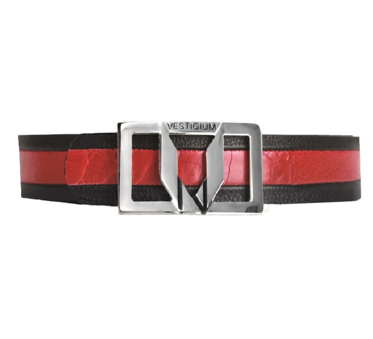 Clearance - Vestigium Genuine Ostrich Leg & Calf Dress Belt - Red On Black