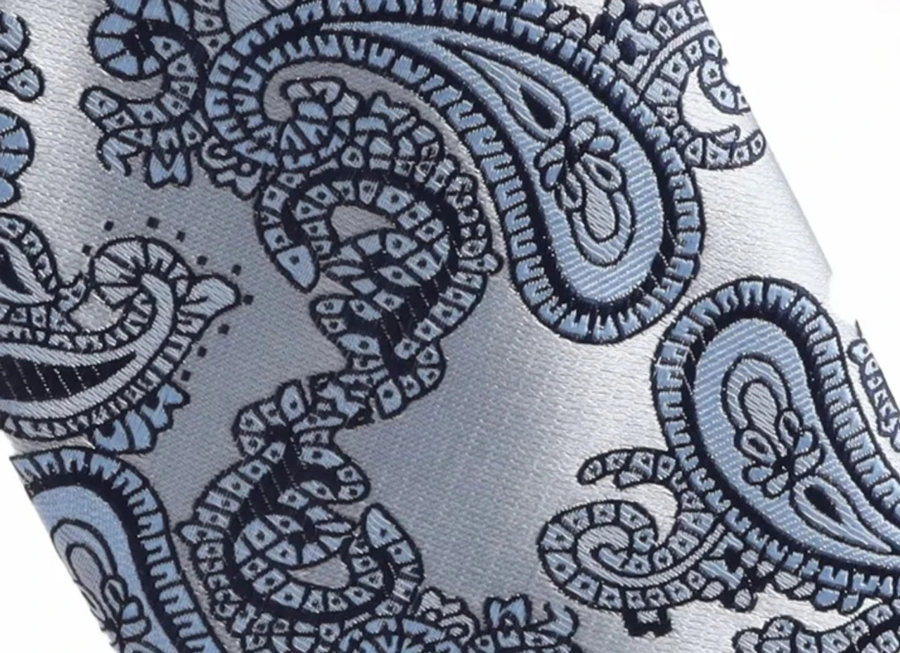 Antonia 100% Silk Tie W/Pocket Square - Silvery & Navy Blue Paisley 4 Antonia 100% Silk Tie W/Pocket Square - Silvery & Navy Blue Paisley - Image 2