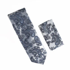 Antonia 100% Silk Tie W/Pocket Square - Silvery & Navy Blue Paisley