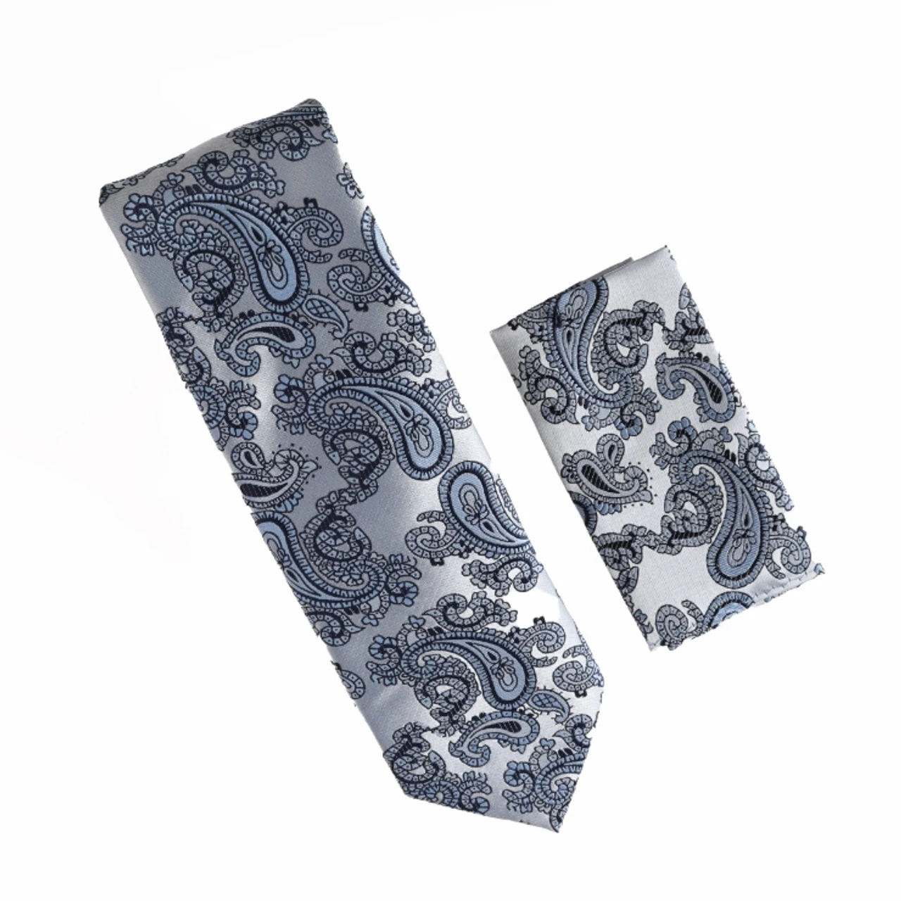 Antonia 100% Silk Tie W/Pocket Square - Silvery & Navy Blue Paisley 3 Antonia 100% Silk Tie W/Pocket Square - Silvery & Navy Blue Paisley