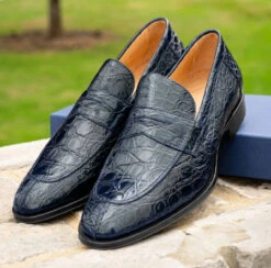Zelli 100% Caiman Crocodile Italian Penny Long Toe Loafer - Navy Blue -Fashion Formal Wear Store ZEL 11 201 BL 7 59772.1675112380