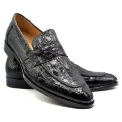 Zelli 100% Caiman Crocodile Italian Penny Long Toe Loafer - Black
